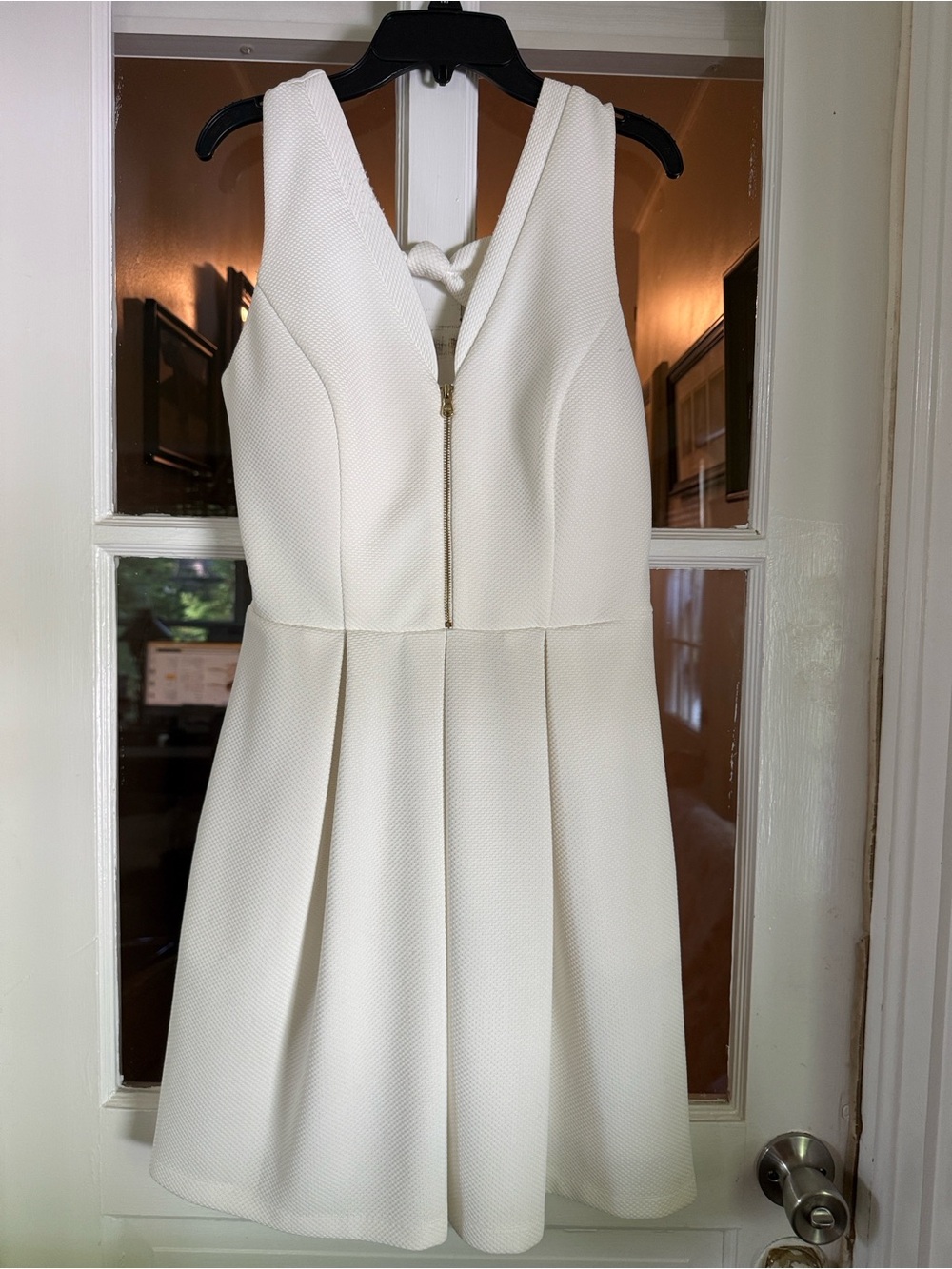 Guess Cream Textured V-Neck Mini Dress with Back Knot